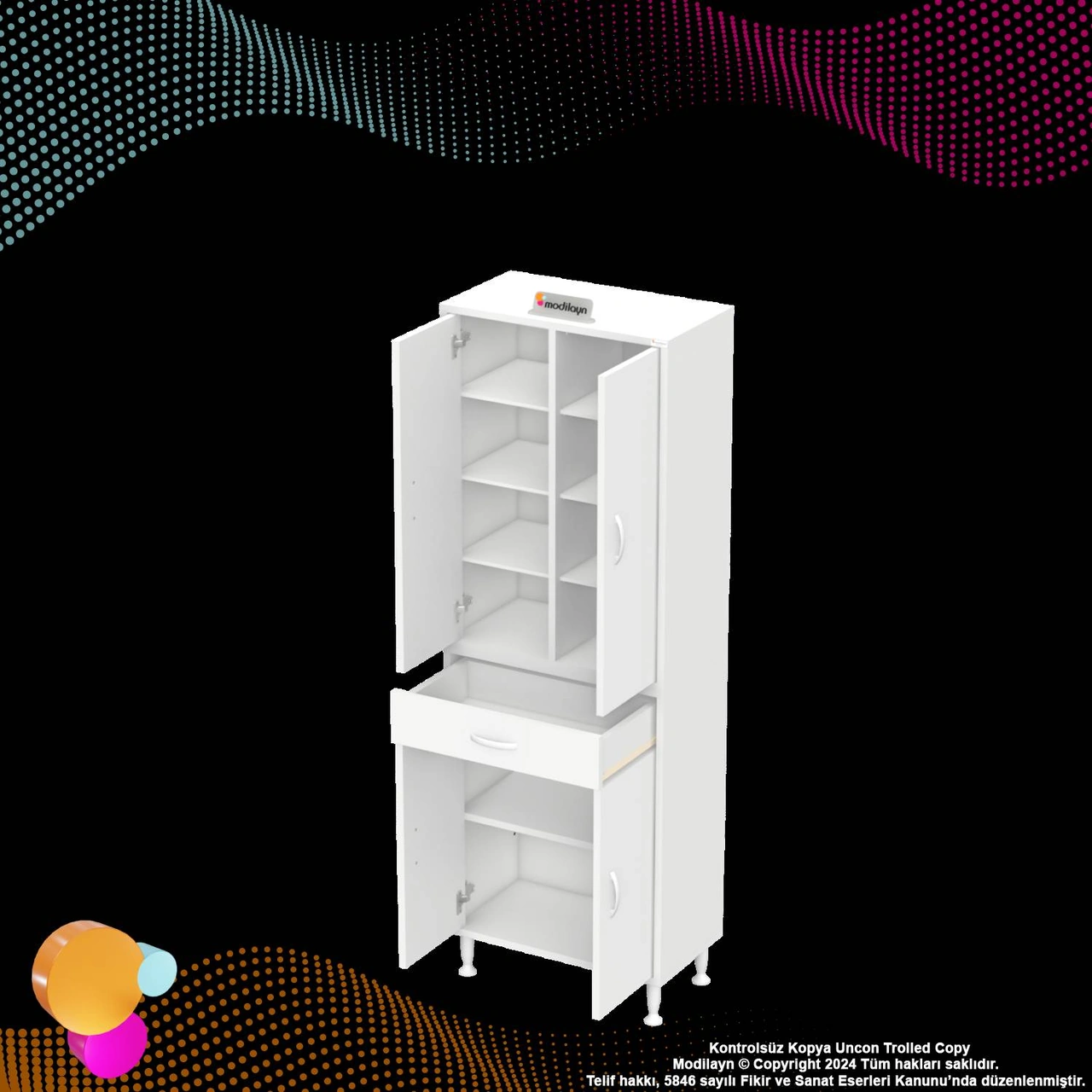 Sare Banyo Ve Mutfak Dolabı Çok Amaçlı Dolap Tek Çekmece 4 Kapak 7 Raf 10 Bölme 55x173x32,5 Cm Beyaz