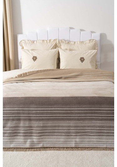 Veloura Bej Çift Kişilik Püsküllü Battaniye Çok Renkli