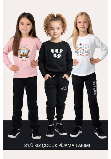 Fyk Kids Kız Çocuk 3'lü Yuvarlak Yaka Sweat Dreams Baski Detayli Alt-üst Pijama Takimi Çok Renkli