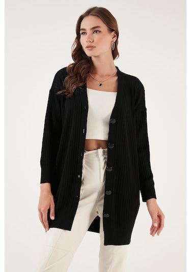 Lela V Yaka Düğmeli Uzun Triko Bayan Hırka 4616040Y Siyah