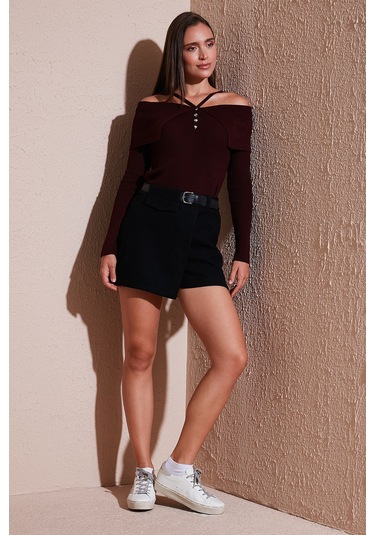 Lela Pamuk Karışımlı Relaxed Fit Yüksek Bel Mini Boy Bayan Şort Etek 611Sr0037 Siyah