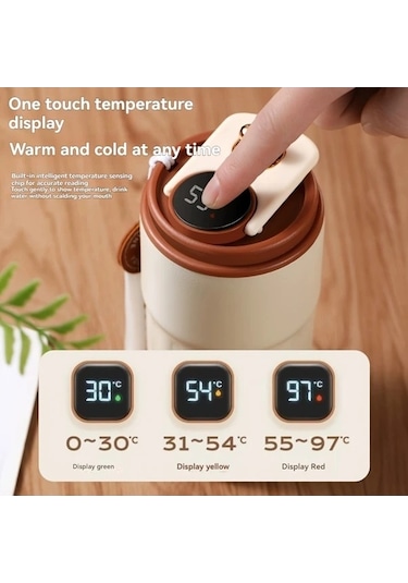 Trendooze Sunshine022 Kahverengi Çok Renkli Çizgili 472ml Paslanmaz Çelik Seyahat Termosu Dijital Sıcaklık Ekranlı Bpa İçermez Kahverengi