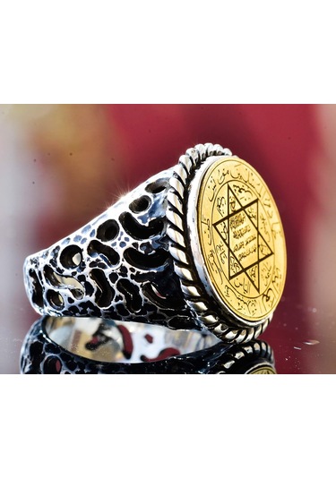 Erkekler İçin Sterlin Gümüş Yüzük - David Yıldızı Tılsımı İle Yazılı İslami Sözler Gümüş