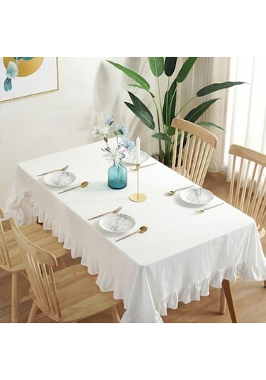 Vintage Keten Fırfırlı Masa Örtüsü Dayanıklı Pamuk Keten - 16 En