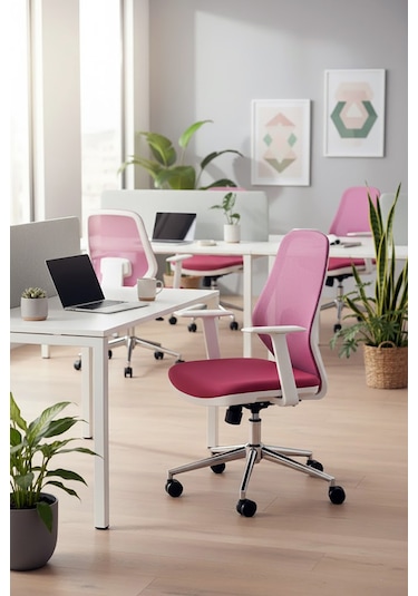 Ofisbazaar Dali Beyaz Fileli Çalışma Koltuğu Ergonomik Şef Ve Toplantı Koltuğu Pembe Pembe