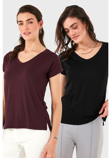 Lela V Yaka Relaxed Fit Yırtmaç Detaylı 2'Li Paket Bayan Bluz 5862000S2 Siyah-Vişne