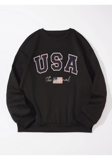Unisex Oversize Siyah The Usa Baskılı Bisiklet Yaka Sweatshirt Koyu Siyah