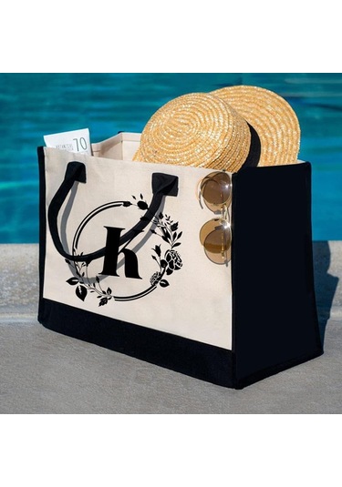 Tuval El Çantası Mektuplar Çiçek Taşınabilir Plaj Omuz Alışveriş Tote Çanta A425 Siyah