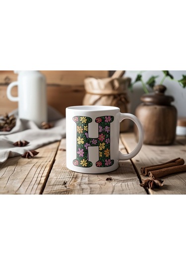 H Baş Harf Çiçek Desenleri İle Natural Tarz Kupa Bardak - Kişiye Özel Çiçekli Kahve Çay Bardak - Beyaz
