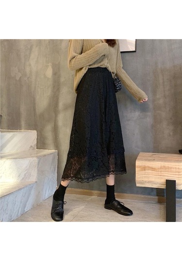 Sonbahar Ve Kış Yüksek Belli Dantel Etek Orta Boy Tüm Maç Düz Renk Çiçek Açık Mavi