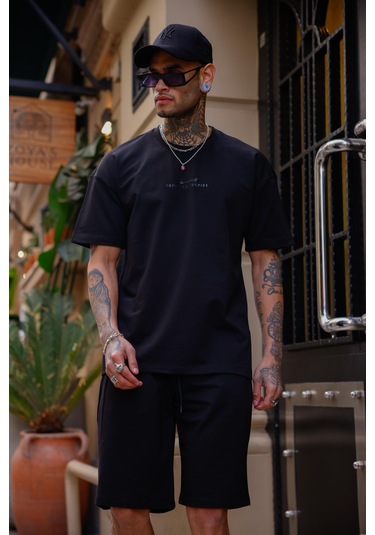 Siyah Renk Bisiklet Yaka Şort Tişört Takım-1707 Siyah