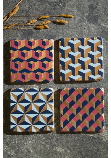 Geometrik Desen Altın Varaklı 4'lü Traverten Bardak Altlığı Çok Renkli