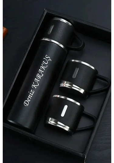 İsime Kişiye Özel Hediye 3 Bardaklı Paslanmaz Çelik Vakumlu Kahve Sıcak Soğuk Kamp Termos Seti Siyah Gri