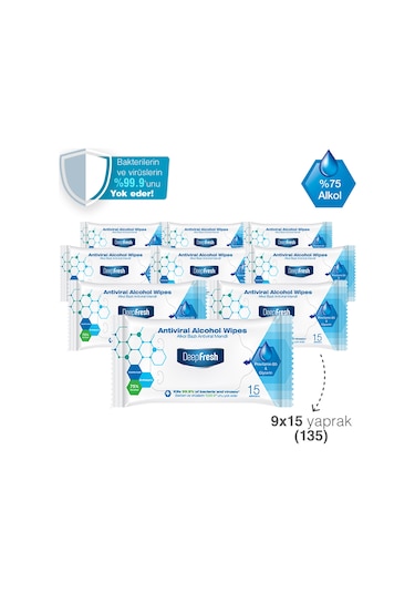 Deep Fresh Alkollü Antiviral Islak Cep Mendili 9'Lu Paket 135 Yaprak