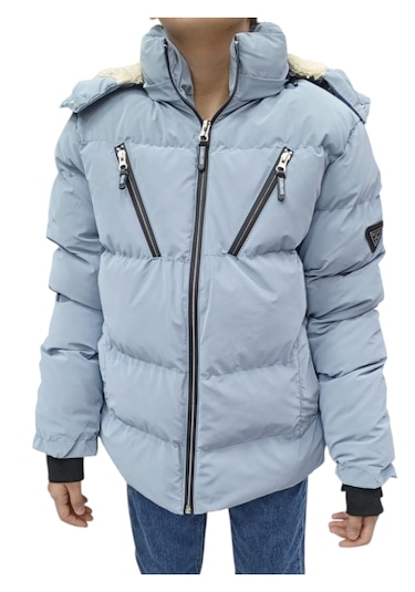 Erkek Çocuk /kız Çocuk Çapraz Fermuar Model Kapüşonu Çıkabilen İçi Peluş Astarlı Buz Mavi Renk Mont Açık Mavi