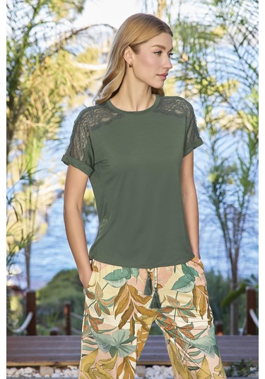 Monamise Kadın Yaprak Desenli Dantelli Kısa Kollu Kapri Takımı 25093 Yeşil