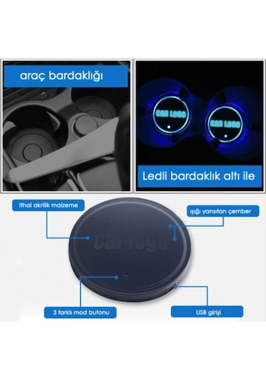 Mazda Uyumlu Ledli Bardaklık Altı Usb Şarjlı 2 Adet