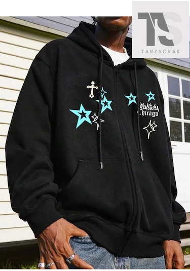 Tarzsokak Chicago Star Sembol Sweatshirt Fermuarlı Hırka Siyah Siyah