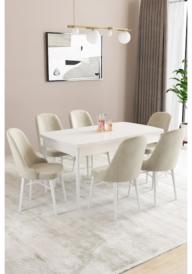 Sar Pakete Almira Serisi, Beyaz 80x132 Açılabilir Mdf Mutfak Masası Takımı 6 Adet Sandalye Krem