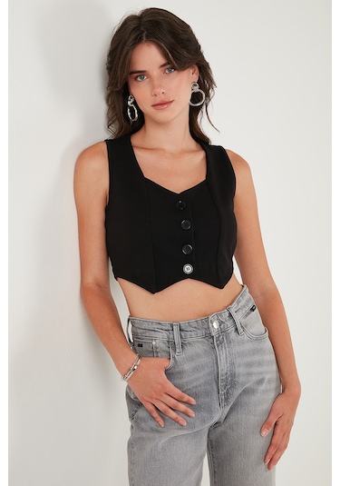 Lela Slim Fit Kalp Yaka Düğmeli Kalın Askılı Crop Bayan Yelek 5865497 Siyah