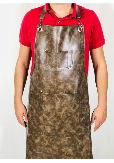 Kasap Önlüğü Deri Leke Tutmaz Askılı Önlük Model Şef Restoran Aşçı Önlükleri Kahve-krem