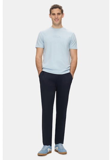 Ucla Canary Gök Mavi Bisiklet Yaka Gofre Baskılı Yumuşak Dokulu Modal Kumaş Standard Fit Erkek Tshirt Gök Mavisi