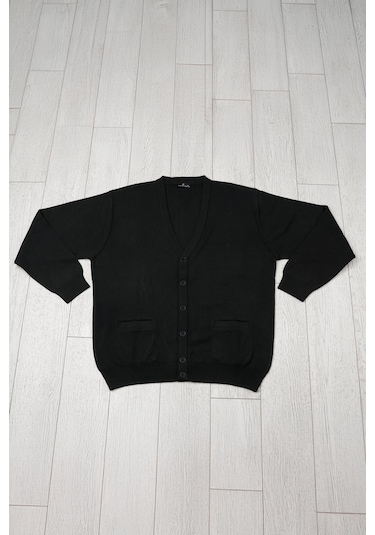 Ön Cepli V Yaka Battal Büyük Boy Düğmeli Yünlü Triko Hırka Siyah