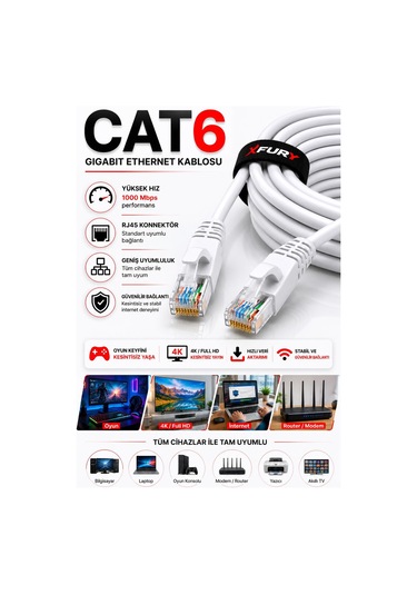 Fury Cat6 Ethernet Kablosu 3 Metre Rj45 Lan İnternet Modem Router Bilgisayar Kablosu