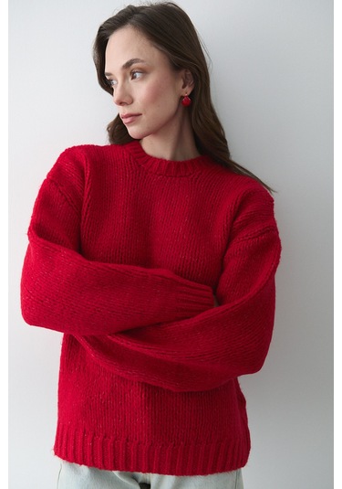 Kırmızı Uzun Kollu Relax Kazak - 251091 Kırmızı