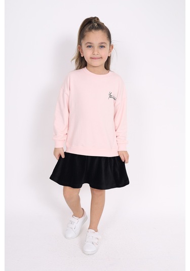 Toontoy Kız Çocuk Göğsü Yazı Baskılı Elbise Pudra