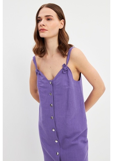 Stella Pulvis Mor Askılı Keten Mini Elbise Mor