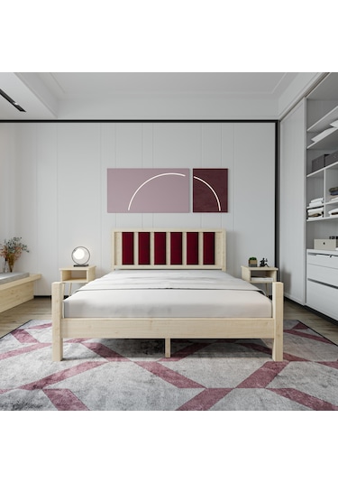 Orion Model Bordo Renk Puflu Başlıklı Vernikli Çam Ahşap Karyola Ve İki Komodin Set-232 140 x 200