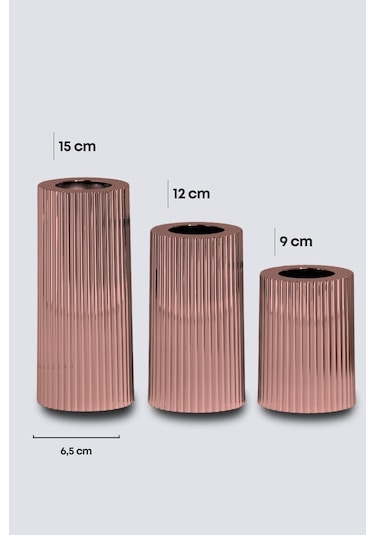 3 Lü Bakır Krom Tırtıklı Yüzey Mumluk Dekoratif Tealight Set Mum