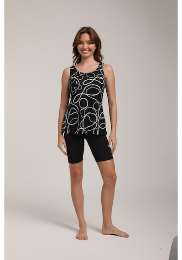 Chelly Kadın Desenli Askılı Taytlı Tankini S 5700 Siyah Siyah