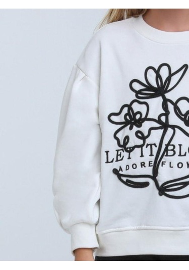 Kız Çocuk Çiçek Nakışlı Sweatshirt-14248 Beyaz