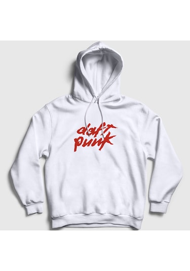 Presmono Unisex Logo Daft Punk Kapüşonlu Sweatshirt Beyaz