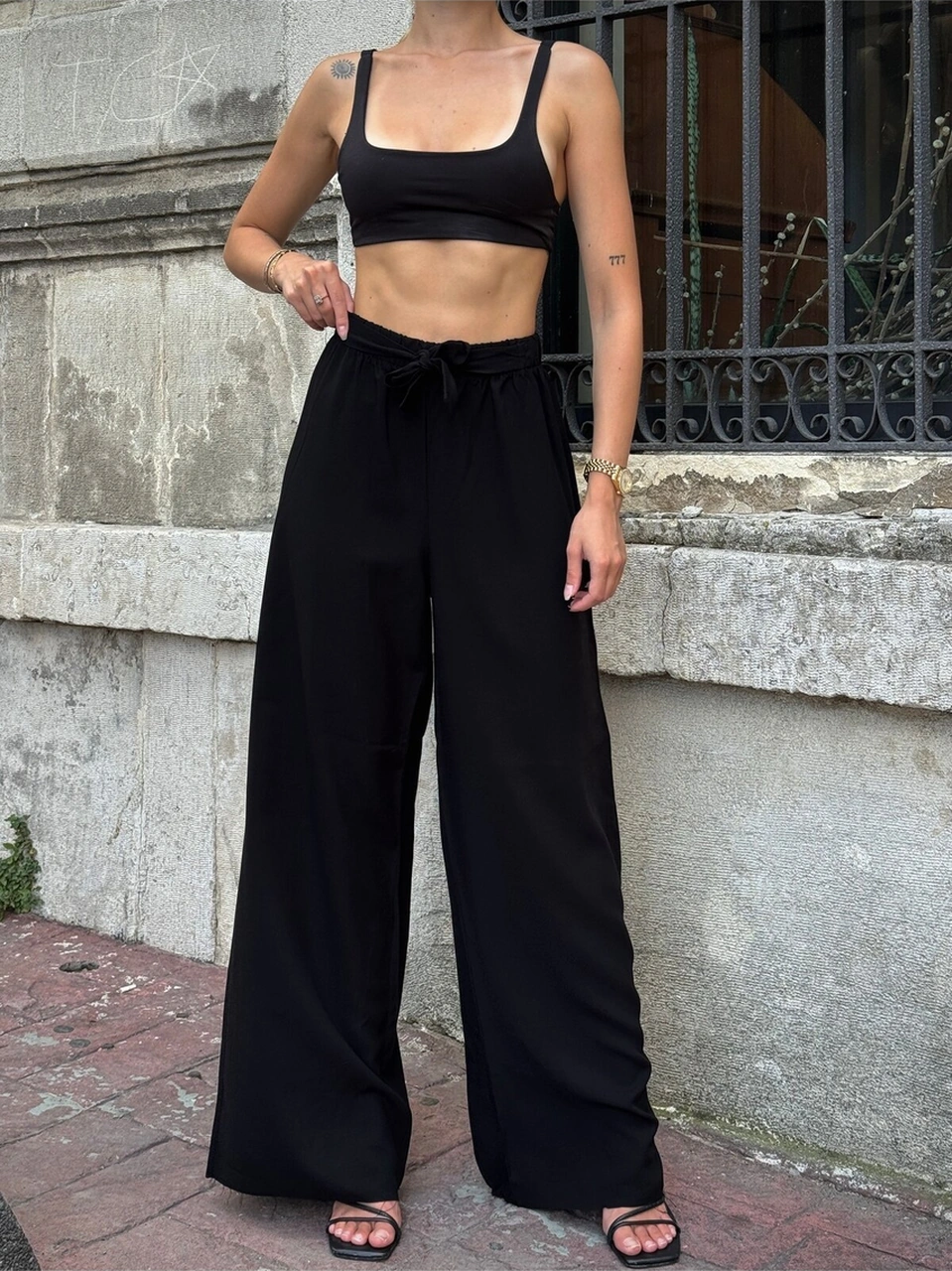 Kadın Yüksek Bel Kuşaklı %100 Viscose Pamuk Geniş Paça Şık Casual Büyük Beden Curve Pantolon Siyah