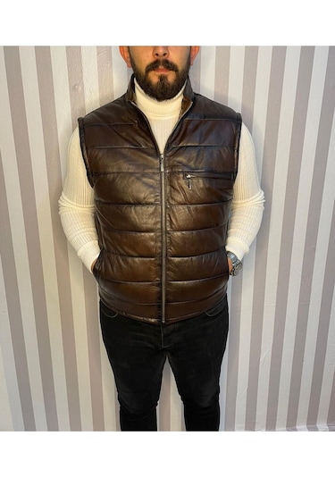 Şişme Hakiki Deri Yelek Karartmalı Kahve Gündelik,mevsimlik Slim Fit Kesim Kahverengi
