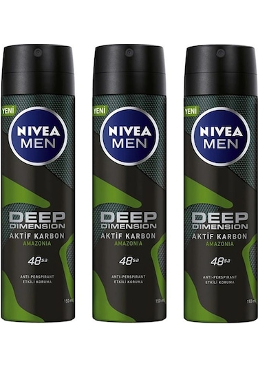 Nivea Men Deep Dimension Amazonia Aktif Karbon Erkek Sprey Deodorant 150 ML x 3