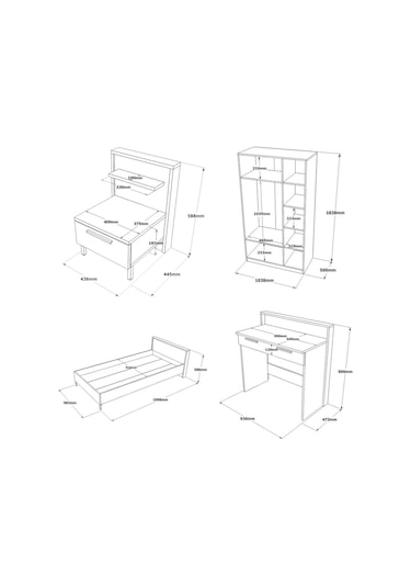 Robin Home Dream Genç Odası Takımı 4'Lü Set Karyola Komodin Gardr Kahverengi