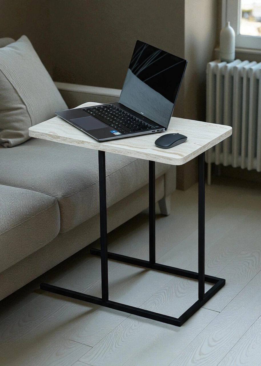 Dekoratif Beyaz Metal Yan Sehpa Ahşap Raflı Koltuk Yanı Servis Sehpası Çok Amaçlı Zigon C Sehpa Beyaz