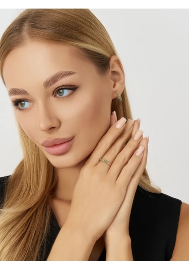 Lair 925 Ayar Gümüş Yaprak Tasarımlı Halka Yüzük - Yeşil Mosambik Taşı 105279245 Yeşil