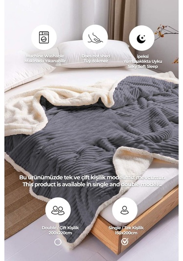 Sherpa Tv Battaniye Tek Kişilik Çizgili Yumuşak Peluş Wellsoft Yatak Örtüsü Antrasit
