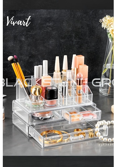 Vivart Şık Tasarım Büyük Boy 3 Çekmeceli Makyaj Ve Kozmetik Düzenleyici Organizer Set Şeffaf Beyaz