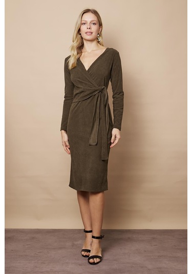 Kadın Kadife Kumaş Kruvaze Anvelop Bağcıklı Uzun Kol Diz Altı Elbise-haki Haki