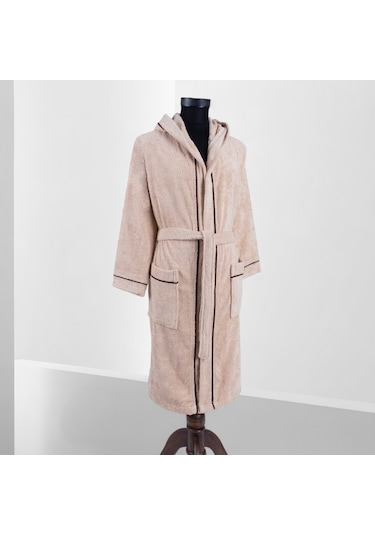 % 100 Pamuklu Laodikeia Kapşonlu Unisex Kadın Erkek Bornoz Bej