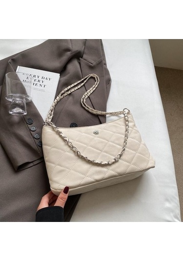 Novahub Eşkenar Dörtgen Nakış İpliği Küçük Çanta Kadın İlkbahar Ve Yaz Taşınabilir Kova Çanta Moda Yabancı Stil Zincirli İşe Gidiş Geliş Postacı Çantası Bej Bej