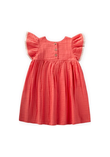 Cigit Organik Nakışlı Müslin Kız Elbise 2-10 Yaş Mercan Mercan