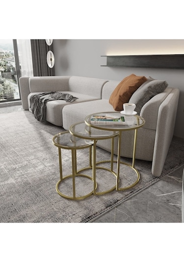 Dekoport Milas Mat Gold Zigon Sehpa - Temperli Şeffaf Cam Gold