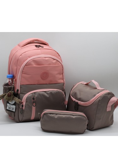 İlk Okul Çantası 3'lü Seti Unisex Çocuk İlkokul Çantası Bvt-8010 Pudra-vizon Pudra-taba